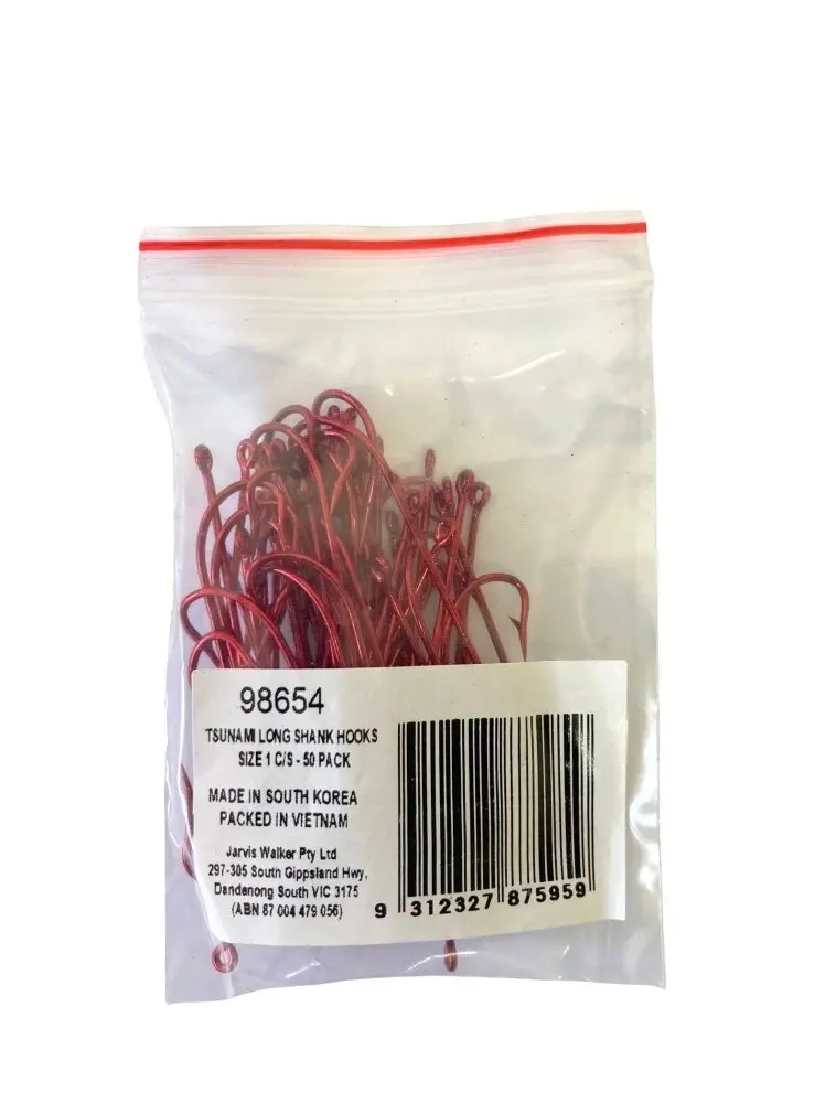 50 Pack of Tsunami Size 1 Red Long Shank Hooks - Chemically Sharpened Worm Hooks