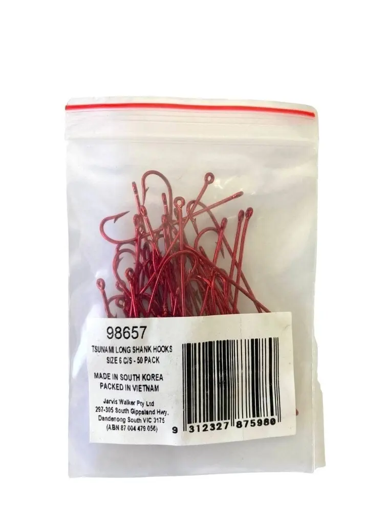 50 Pack of Tsunami Size 6 Red Long Shank Hooks - Chemically Sharpened Worm Hooks