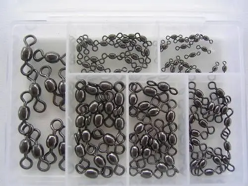 100 x Surecatch Assorted Black Crane Swivels in Fishing Tackle Box