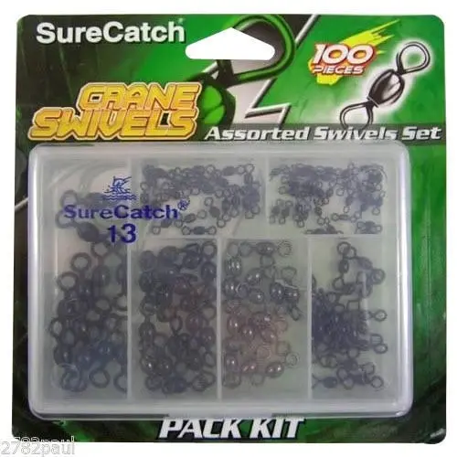 100 x Surecatch Assorted Black Crane Swivels in Fishing Tackle Box