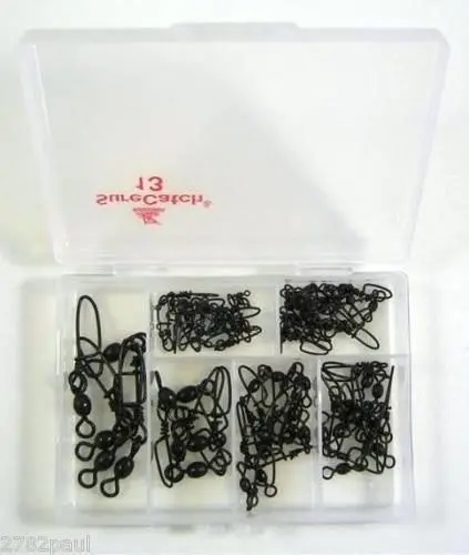 60 x Surecatch Assorted Black Crane Swivels with Coastlock Snaps in Tackle Box