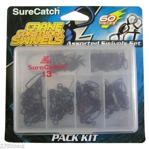 60 x Surecatch Assorted Black Crane Swivels with Coastlock Snaps in Tackle Box