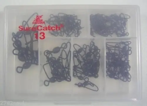 60 x Surecatch Assorted Black Crane Swivels with Coastlock Snaps in Tackle Box