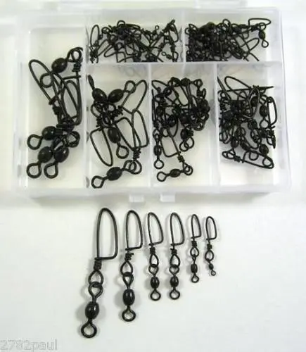 60 x Surecatch Assorted Black Crane Swivels with Coastlock Snaps in Tackle Box