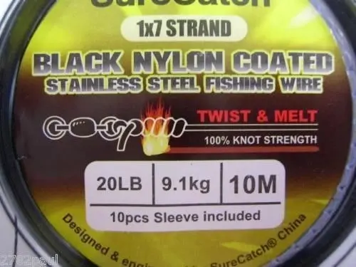 10m of Twist & Melt Stainless Steel Black Nylon Coated Fishing Wire