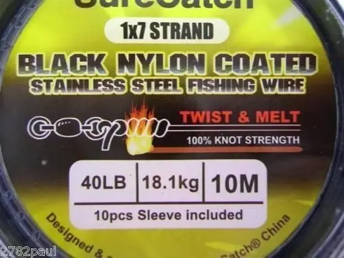 10m of Twist & Melt Stainless Steel Black Nylon Coated Fishing Wire