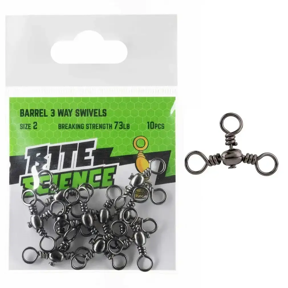 10 Pack of Bite Science Black Barrel 3-Way Crossline Fishing Swivels