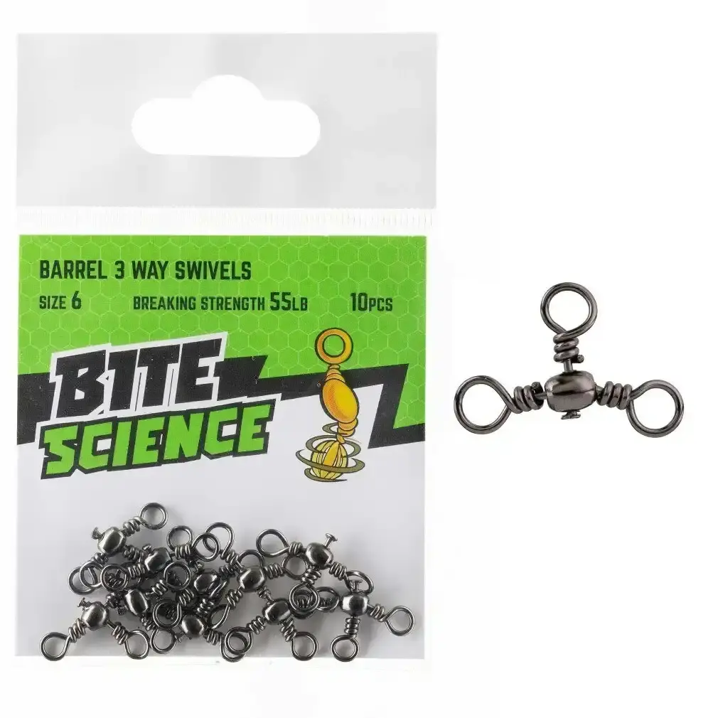 10 Pack of Bite Science Black Barrel 3-Way Crossline Fishing Swivels