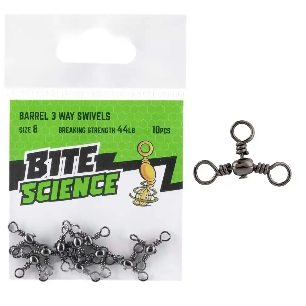 10 Pack of Bite Science Black Barrel 3-Way Crossline Fishing Swivels