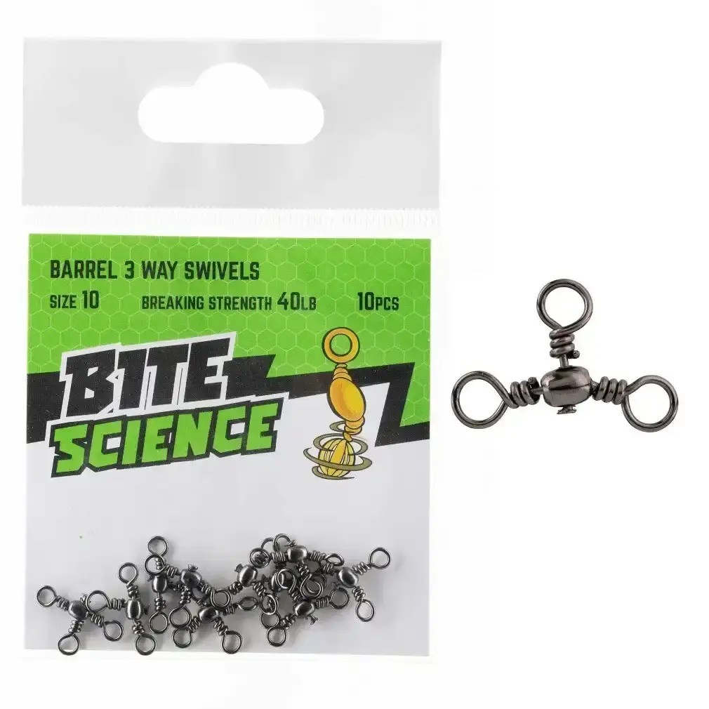 10 Pack of Bite Science Black Barrel 3-Way Crossline Fishing Swivels