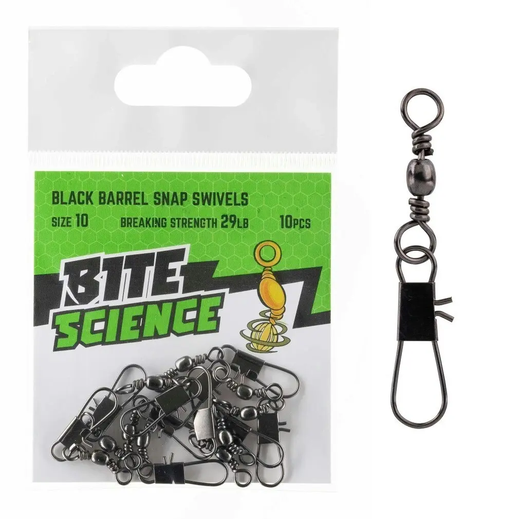 10 Pack of Bite Science Black Barrel Fishing Swivels with Snaps