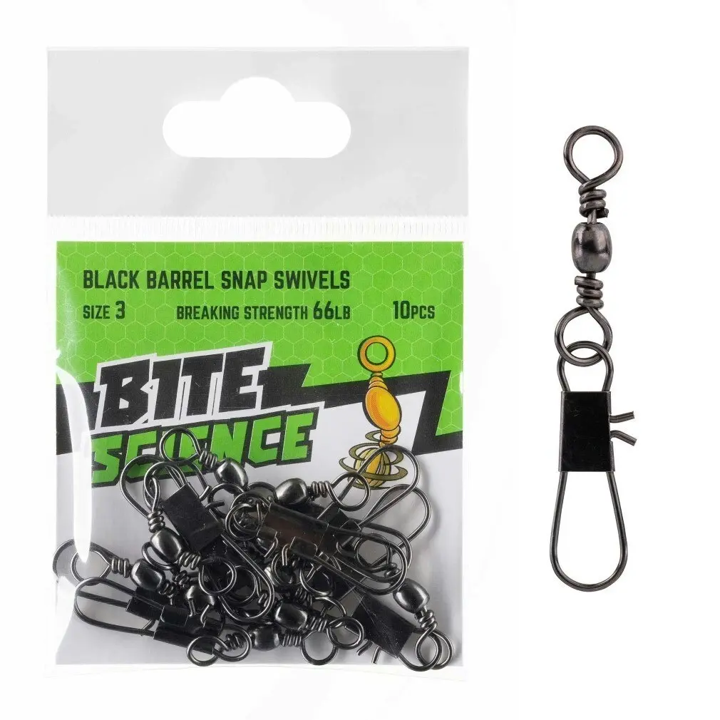 10 Pack of Bite Science Black Barrel Fishing Swivels with Snaps