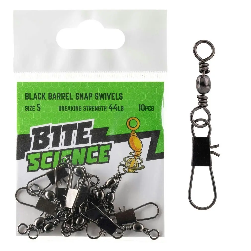 10 Pack of Bite Science Black Barrel Fishing Swivels with Snaps