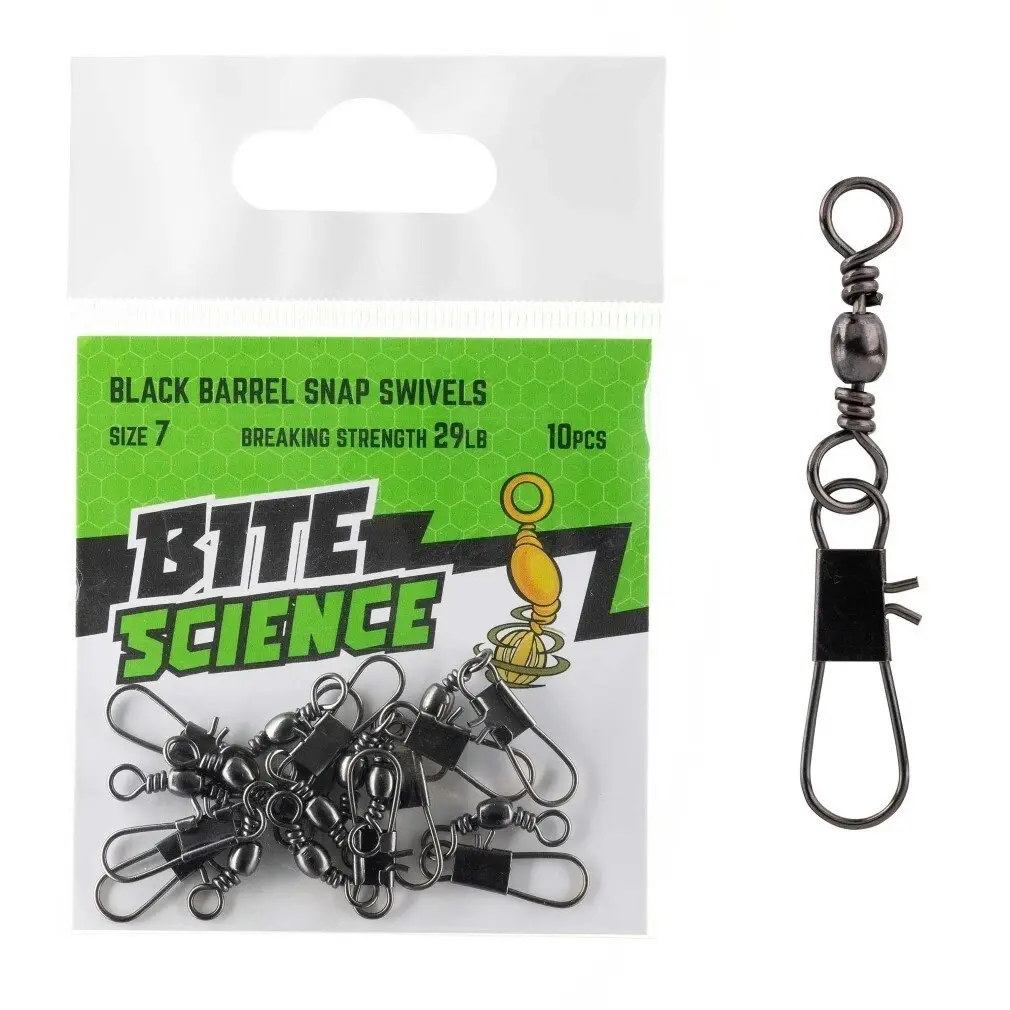 10 Pack of Bite Science Black Barrel Fishing Swivels with Snaps