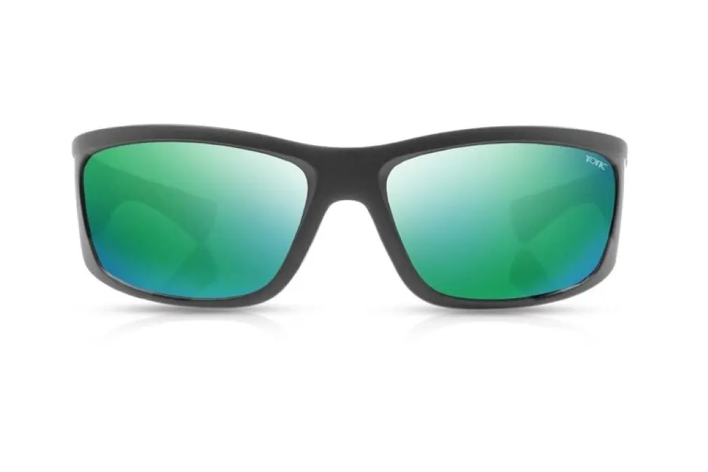 Tonic Shimmer Polarised Sunglasses with Glass Green Mirror Lens & Black Frame