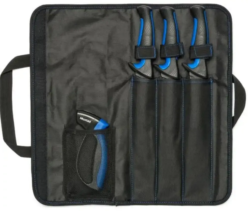 Mustad Fish Filleting Kit - 3 x Fishing Knives,Knife Sharpener in Roll Up Bag