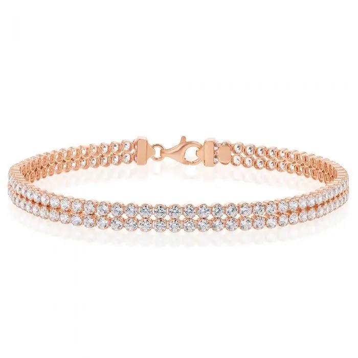 Sterling Silver Rose Gold Plated Two Row Cubic Zirconia Tennis 19cm Bracelet