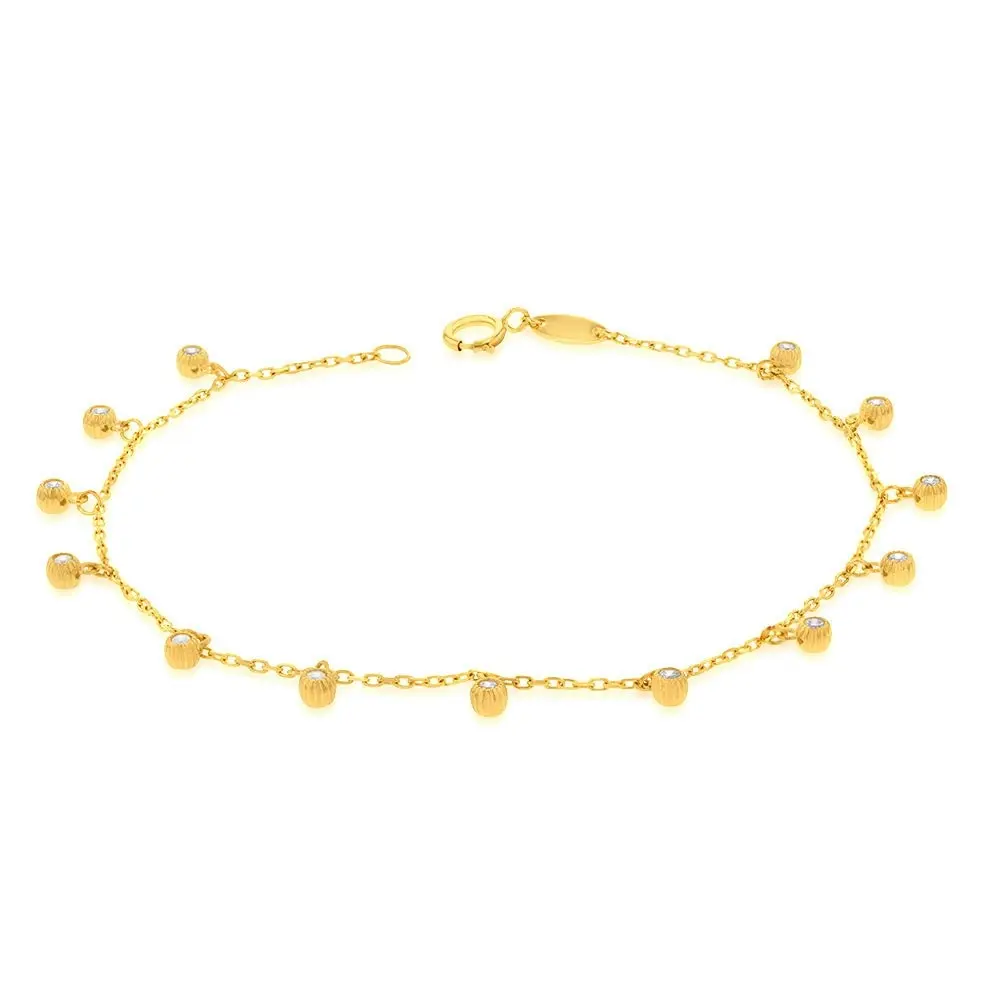 9ct Yellow Gold Hanging Cubic Zirconia Charm 17.8cm Bracelet