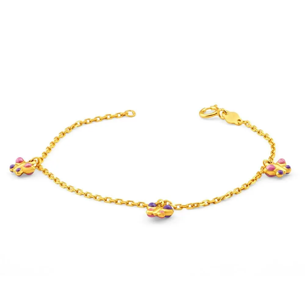 9ct Yellow Gold Pink and Purple Enamel Butterfly Baby 14cm Bracelet