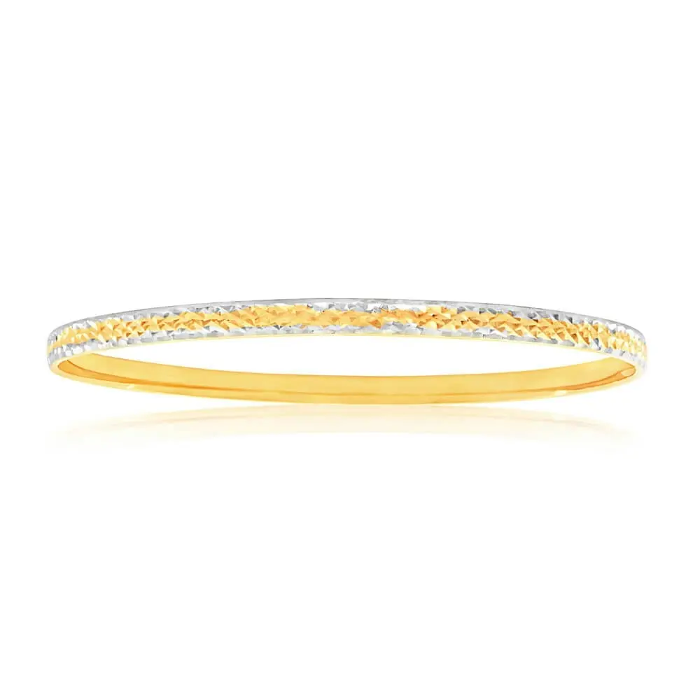 9ct Yellow Gold & Rhodium Gold Bangle with diamond cutting