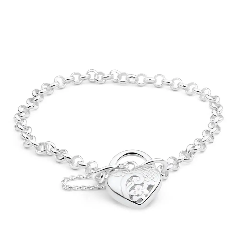 Sterling Silver Belcher Engraved Heart 20cm Padlock Bracelet