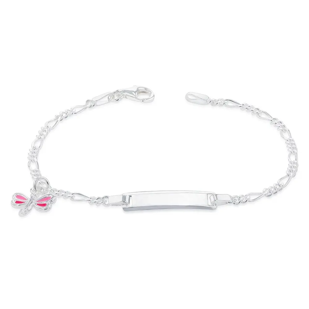 Sterling Silver Pink Dragonfly On Figaro ID 16cm Baby Bracelet