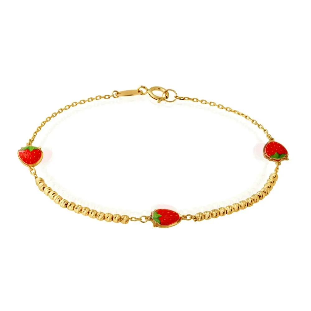 9ct Yellow Gold 16cm Bracelet with 3 Red Strawberries