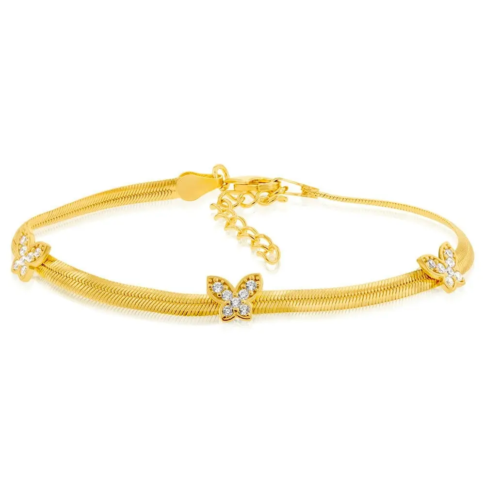 Yellow Gold Plated Sterling Silver Cubic Zirconia On Butterfly 19cm Bracelet