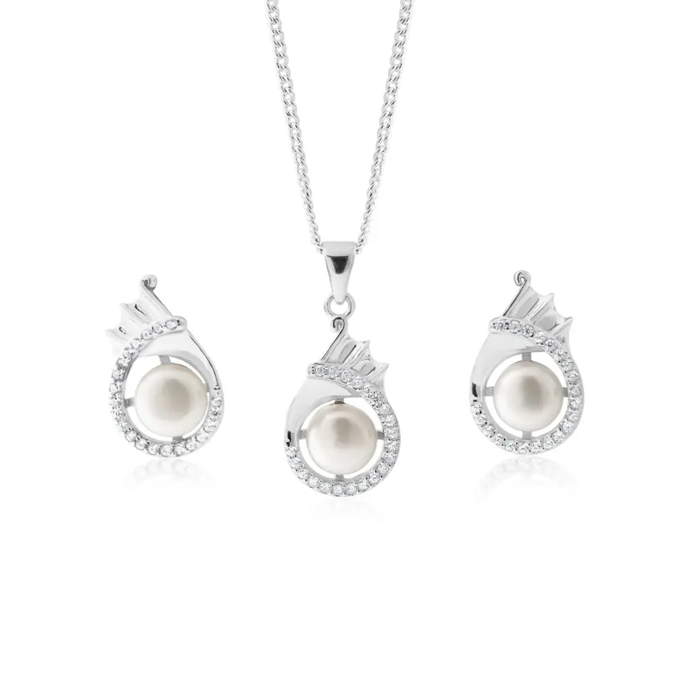 Freshwater Pearl Earrings & Pendant Set Ss With Chain