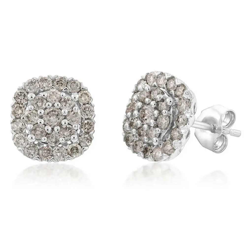 9ct White Gold 1 Carat Diamond Cluster Stud Earrings with 50 Brilliant Cut Diamonds