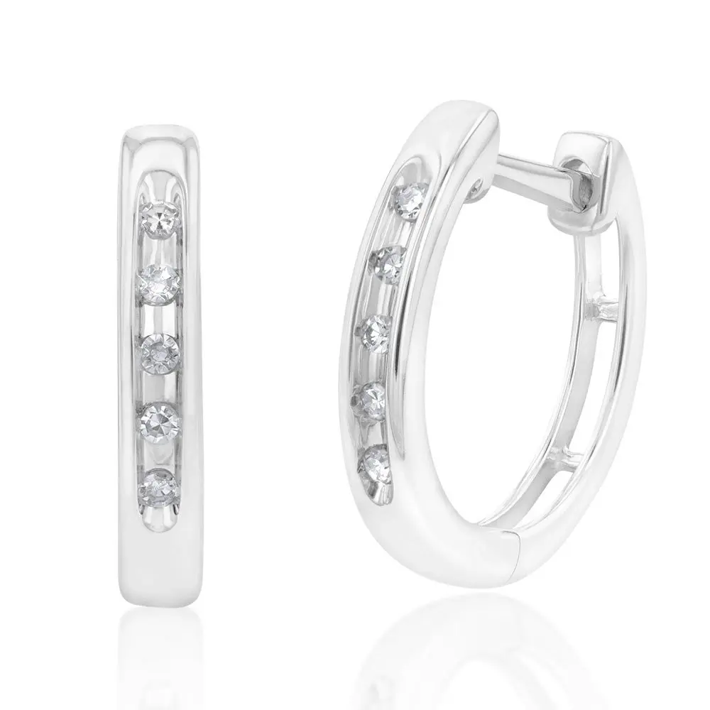 9ct White Gold Diamond Hoop Huggie Earrings