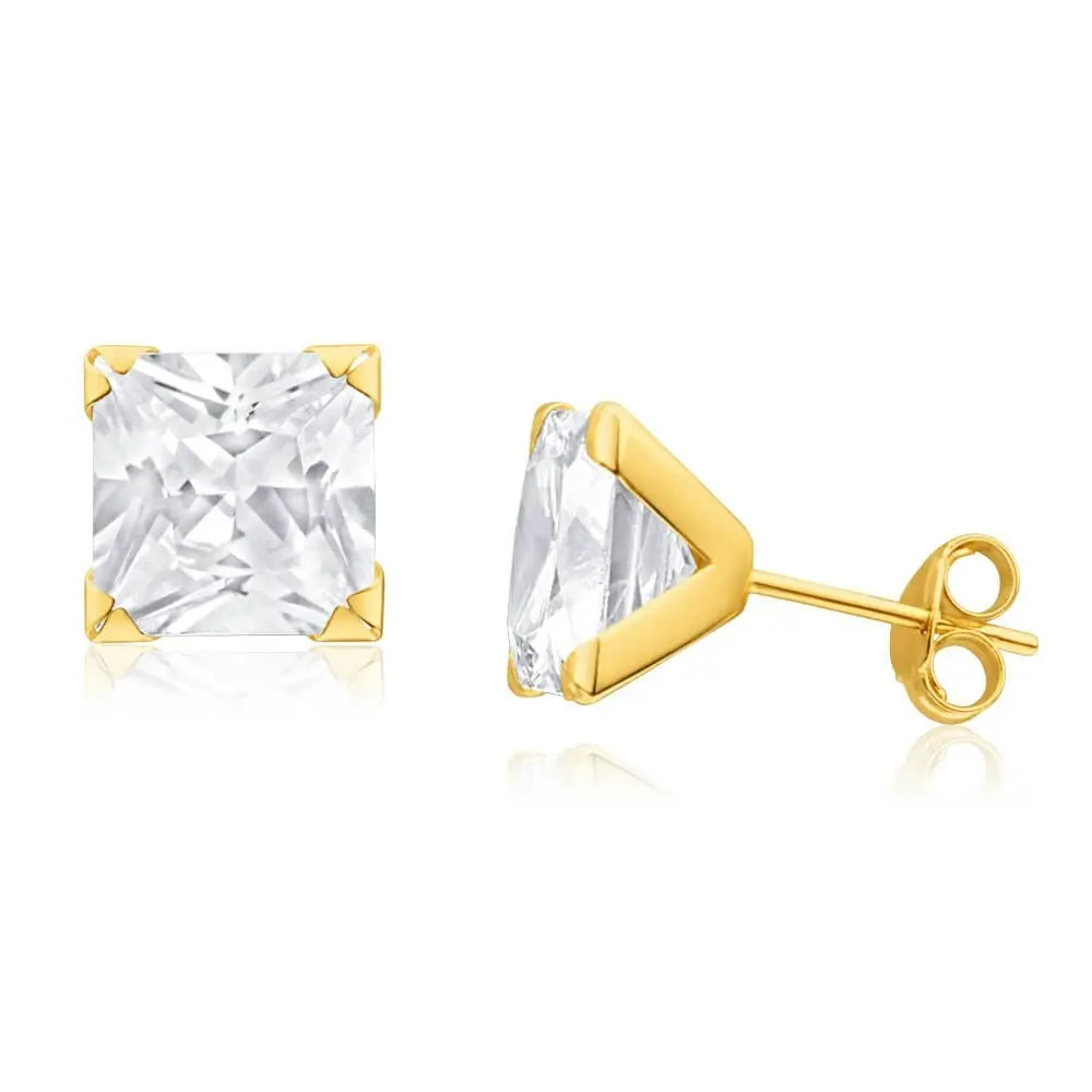 9ct Yellow Gold Cubic Zirconia 8mm Princess Stud Earrings