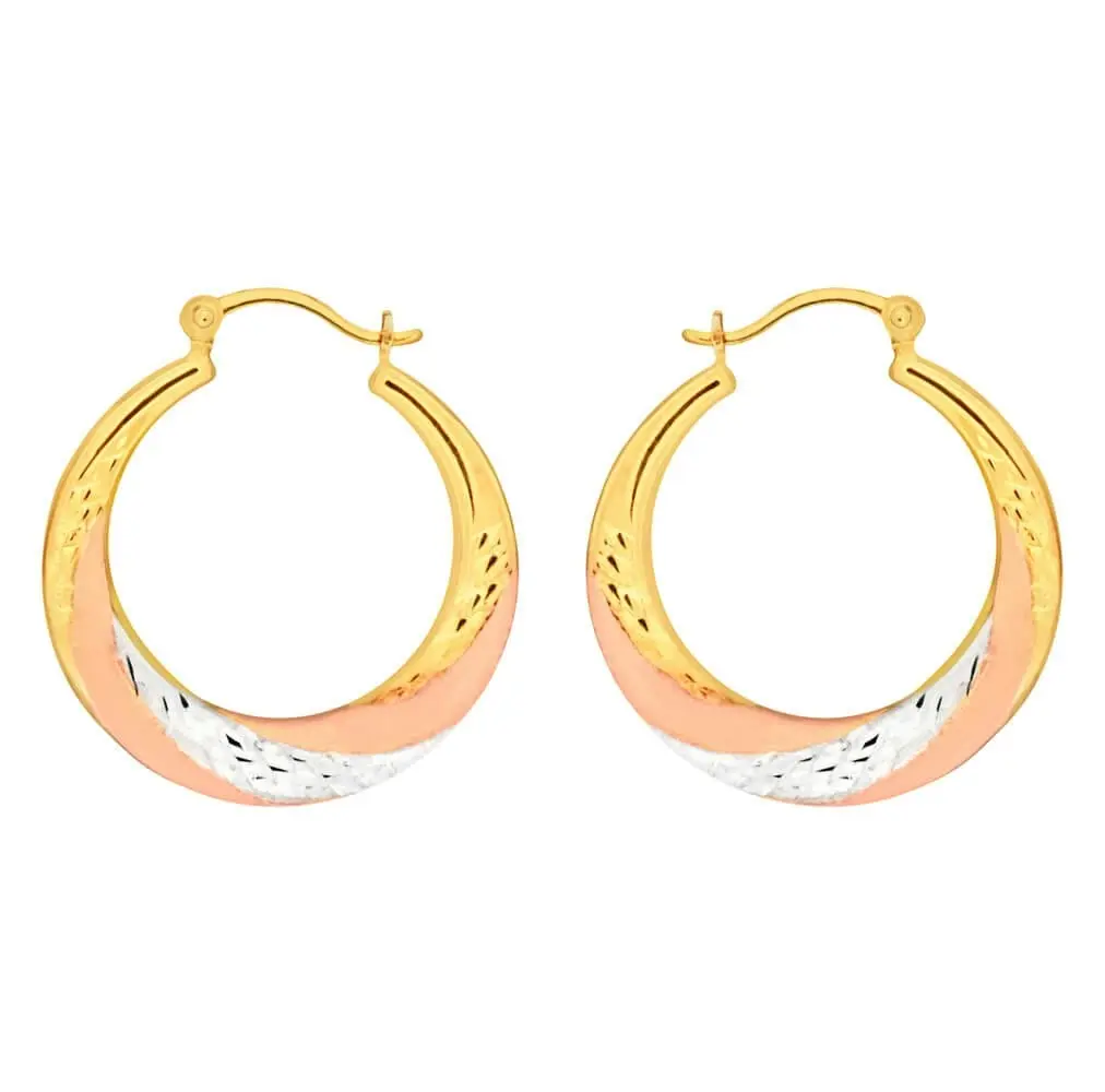 9ct Yellow Gold, White Gold & Rose Gold Swirl Creole Hoop Earrings