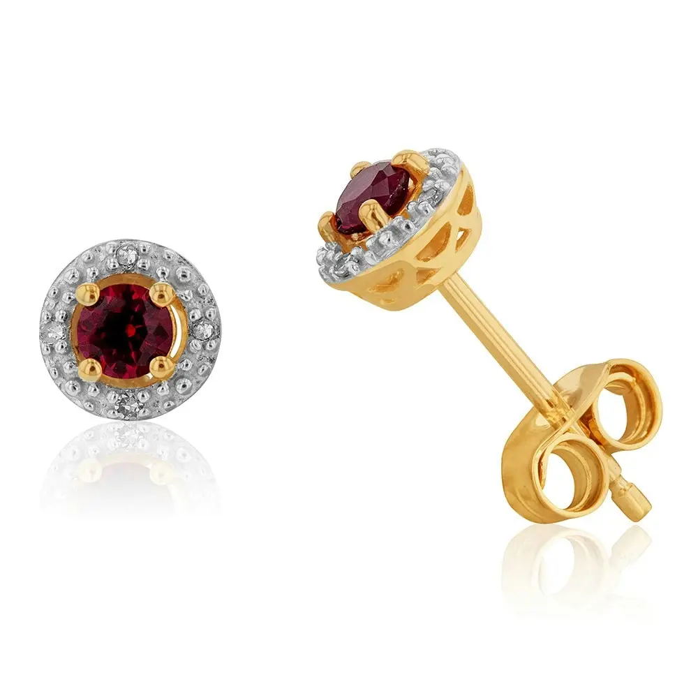 9ct Yellow Gold Created Ruby and Diamond Halo Stud Earrings