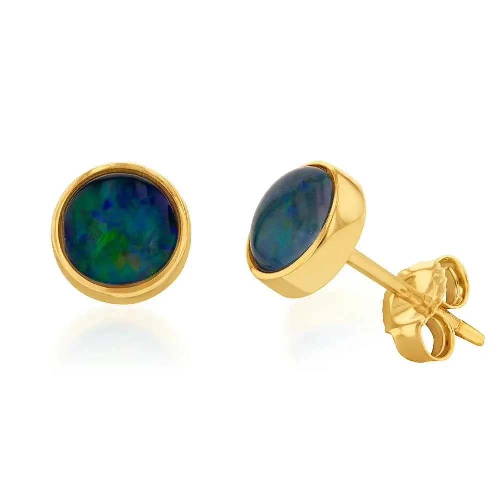 9ct Yellow Gold 6mm Triplet Opal Bezel Studs