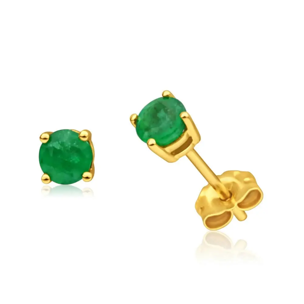 9ct Yellow Gold 4mm Emerald Stud Earrings