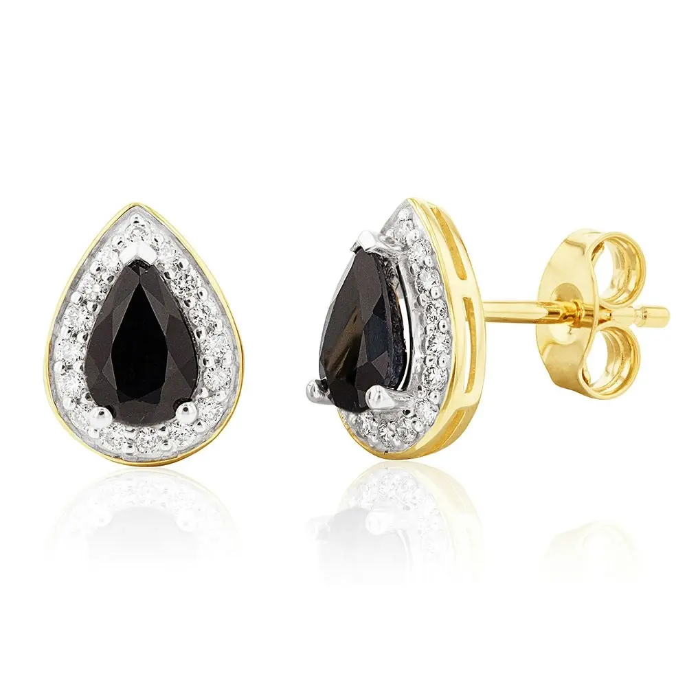 9ct Yellow Gold 0.60ct Natural Sapphire and 0.15 Carat Diamond Pear Halo Stud Earrings