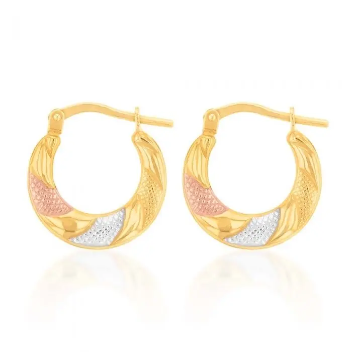 9ct Yellow Gold Silver Filled Three Tone Patterned Hoop Earrings