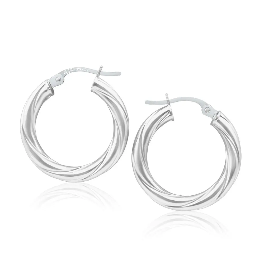 9ct White Gold Italian Made Hoop Earrings in 15mm with a twist