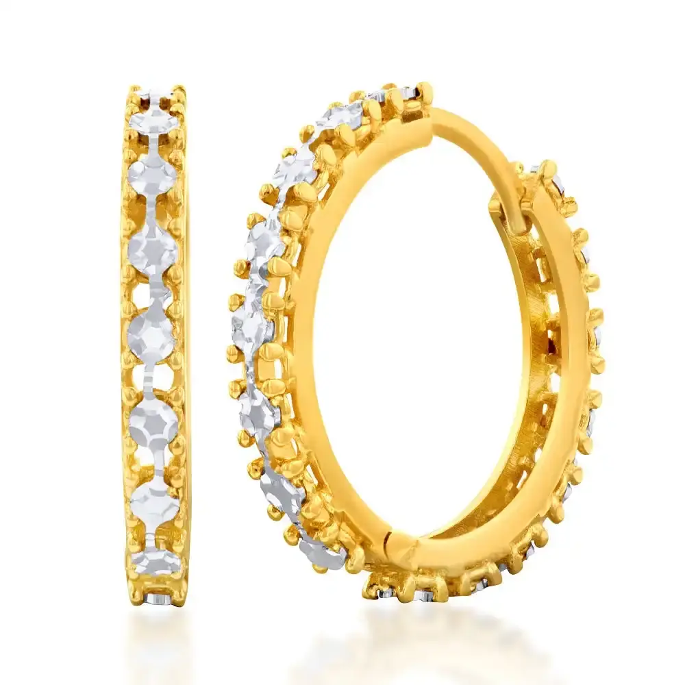 9ct Yellow And White Gold Two Tone Diamond Cut Fancy Hoop Earring