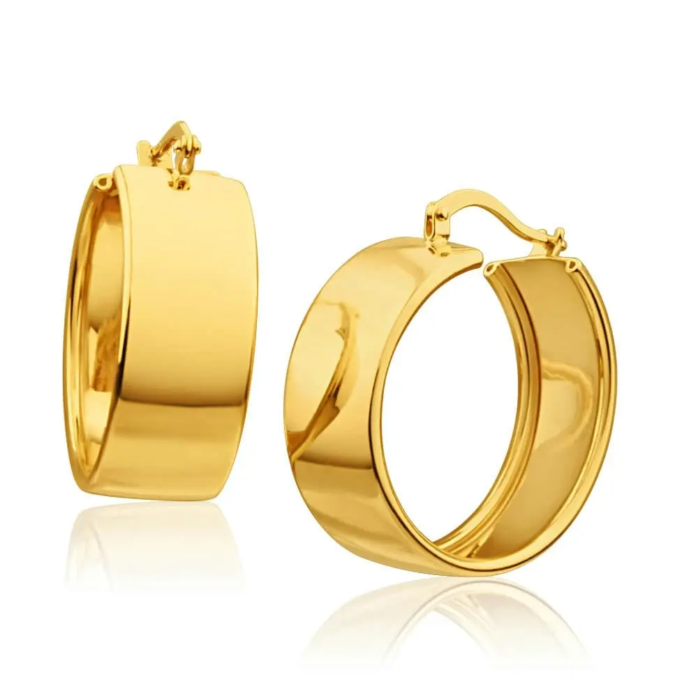 9ct Yellow Gold Silver Filled Plain 9mm Wide 20mm Hoop Earrings