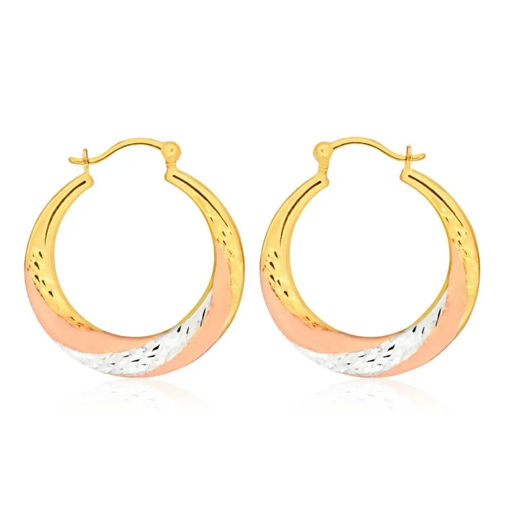 9ct Yellow Gold Silver Filled Three Tone Swirl Hoop Earrings