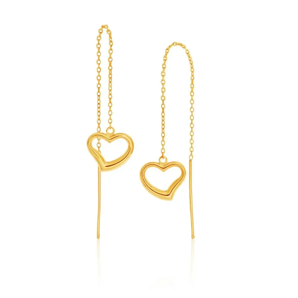 9ct Yellow Gold Silver Filled Heart Thread Drop Earrings