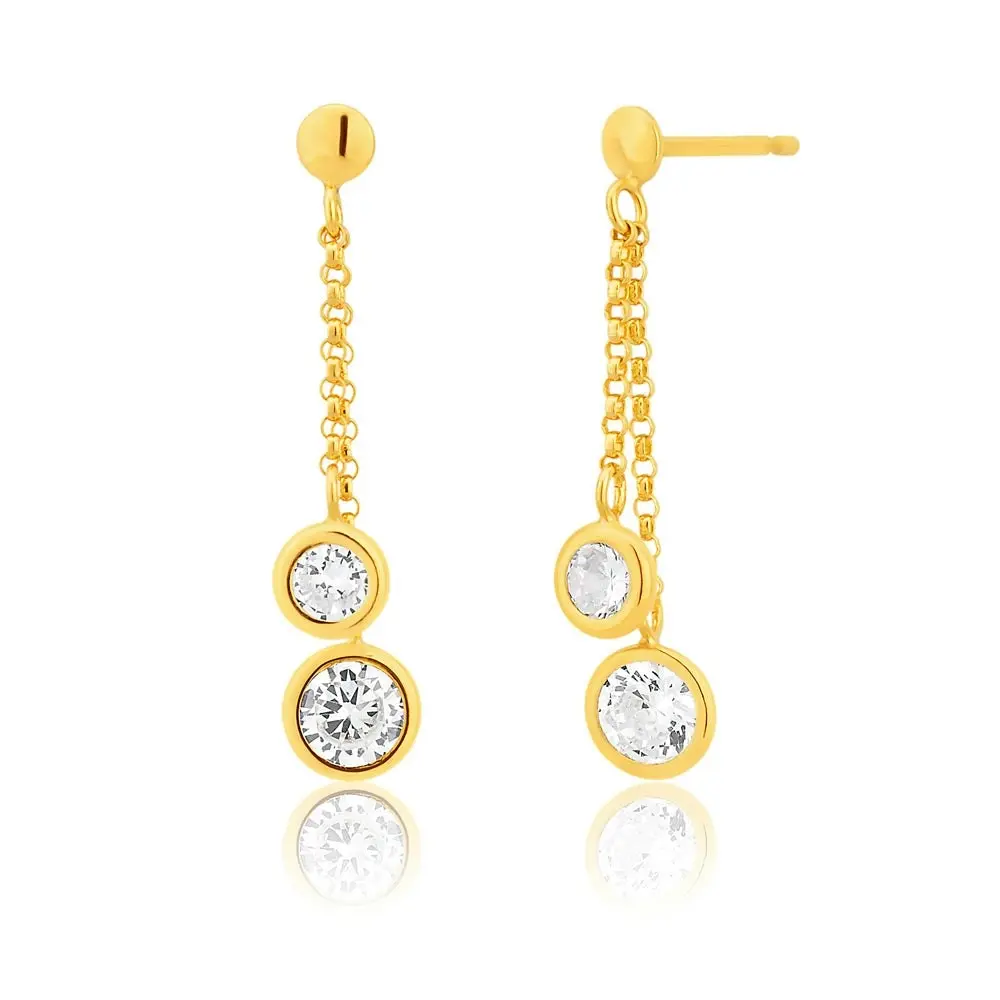 9ct Yellow Gold Silver Filled Double Cubic Zirconia Drop Earrings