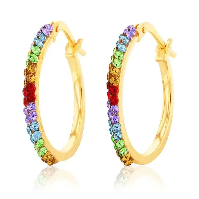 9ct Silverfilled Yellow Gold Rainbow Multi Colour Crystal 15mm Hoop Earrings