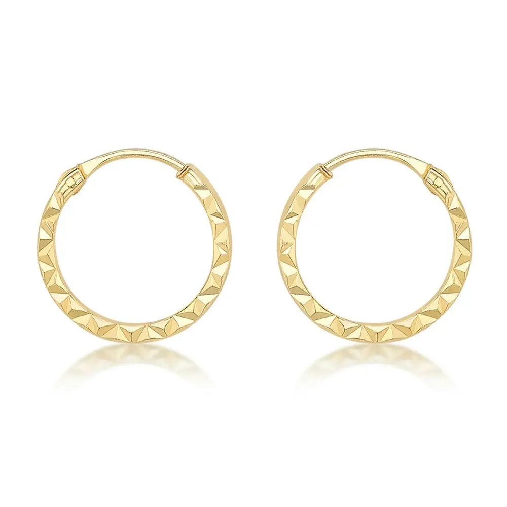 9ct Yellow Gold Diamond Cut 8mm Hoop Earrings