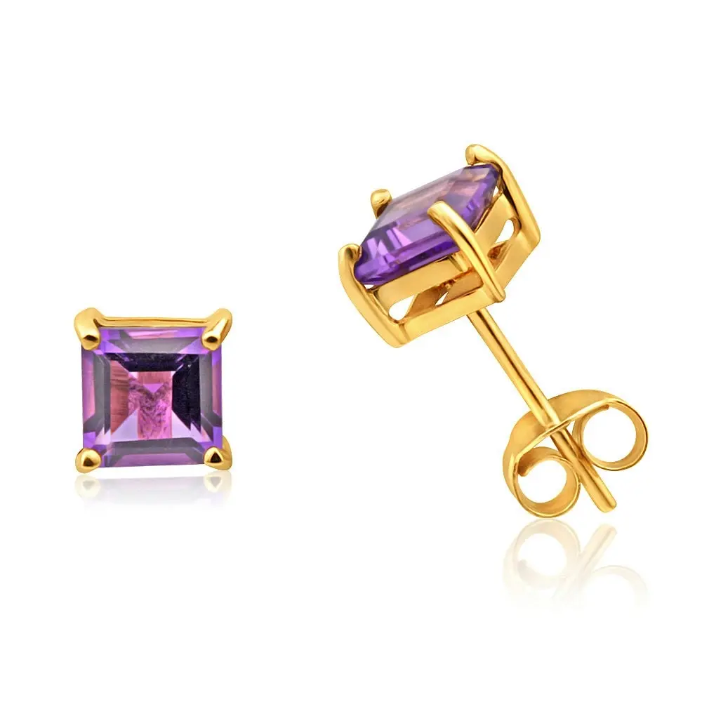 9ct Yellow Gold Amethyst Princess Cut 5mm Stud Earrings