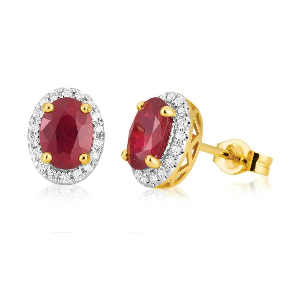 9ct Yellow Gold Natural Enhanced/Treated Ruby and 0.15 Carat Diamond Stud Earrings