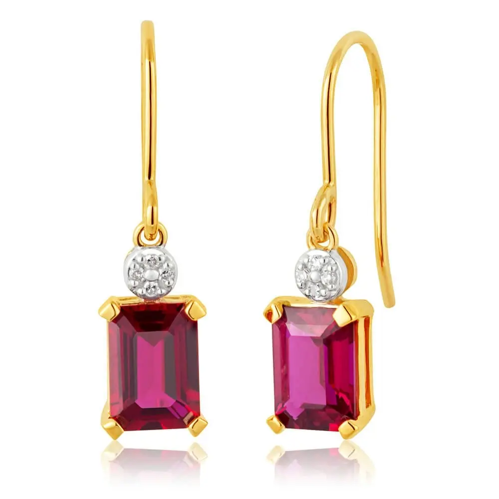 9ct Yellow Gold Created Ruby and Diamond Drop Earrings