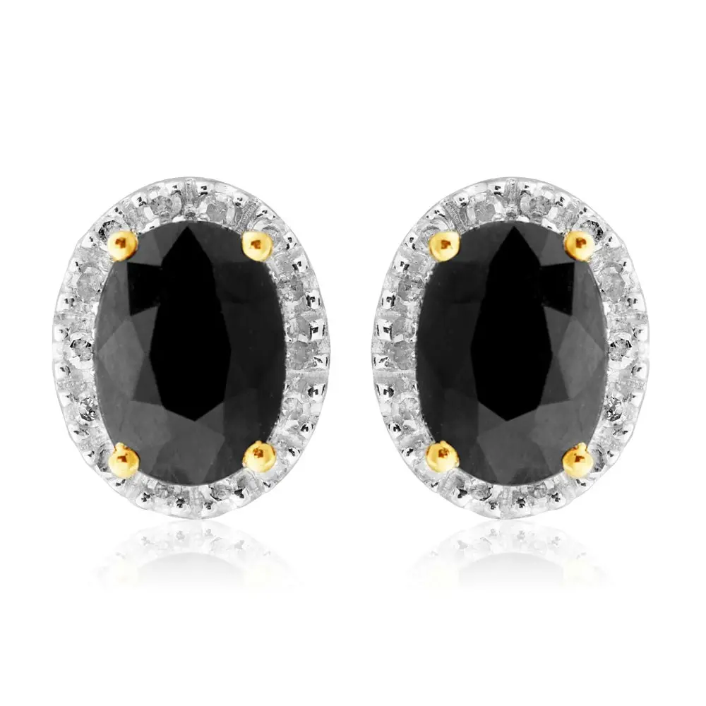 9ct Yellow Gold 5X7mm Oval Cut Natural Sapphire and 0.14 Carat Diamond Stud Earrings